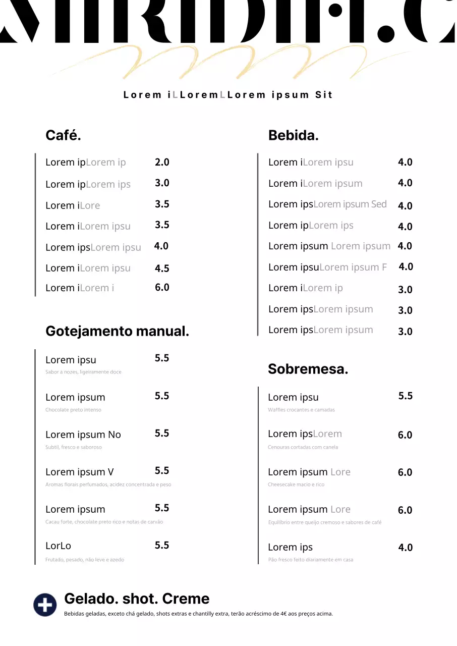 Cartaz de menu de café com tipografia simples em fundo branco