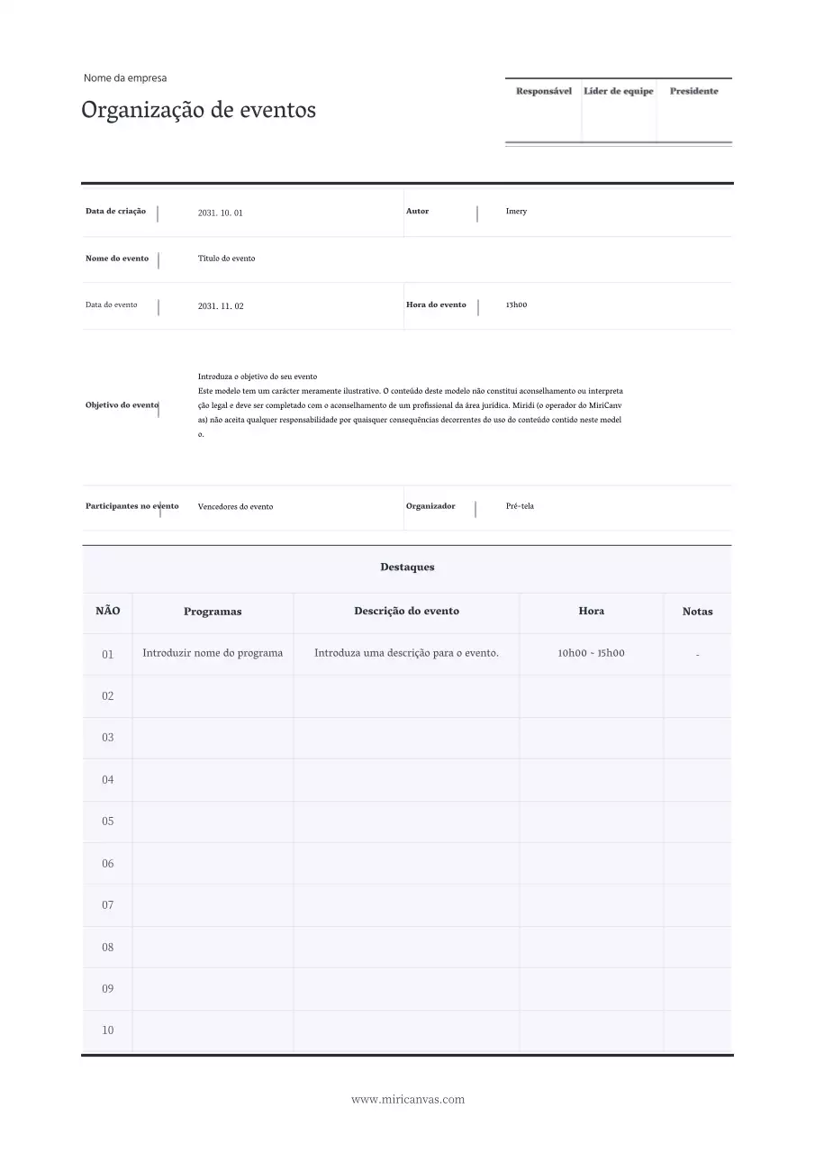 Um planeador de eventos tabular simples em azul-marinho