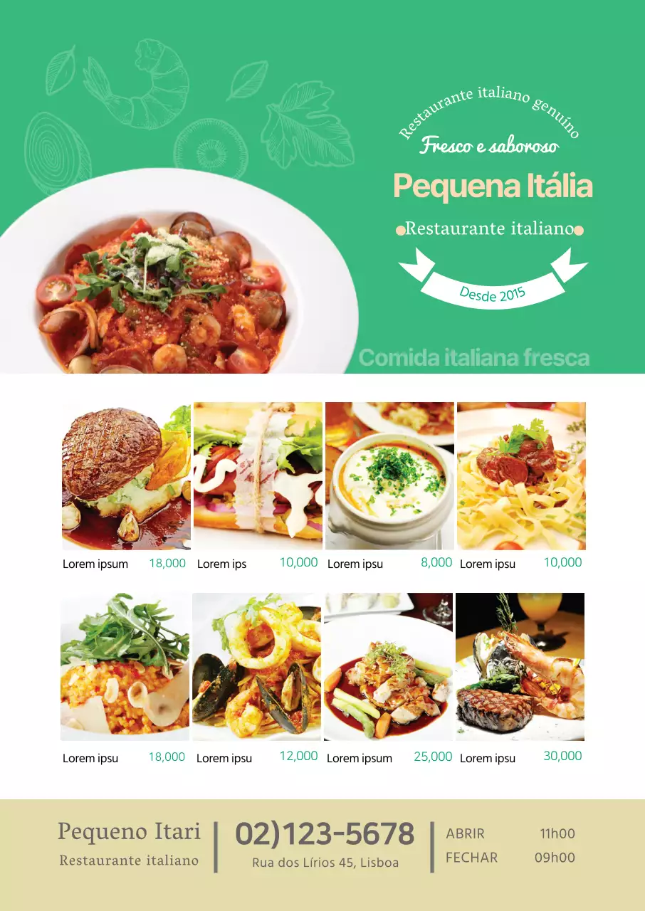 Ementa limpa, ao estilo de restaurante, com fotografia verde