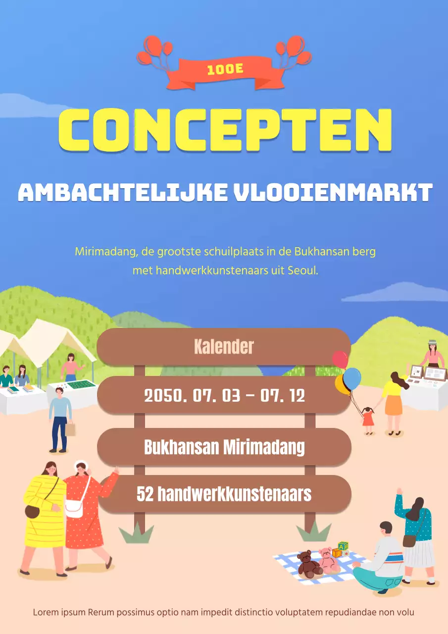 Handgemaakte, geïllustreerde rommelmarkt in geel en bruin