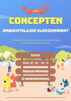 Handgemaakte, geïllustreerde rommelmarkt in geel en bruin