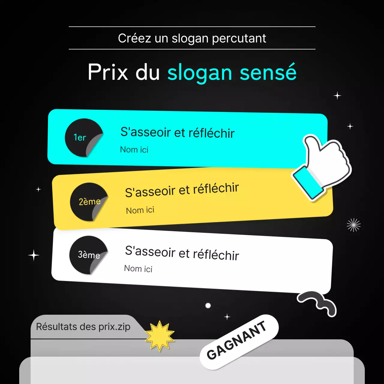 Les gagnants du slogan sont annoncés en noir et blanc avec des points bleu clair et jaunes CardNews