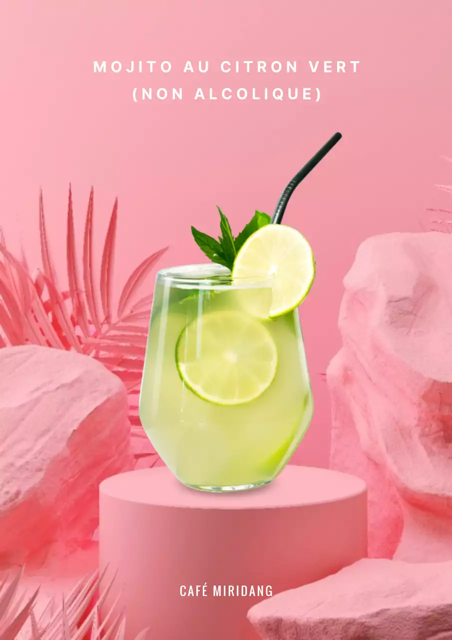 Une affiche promouvant une carte de boissons mojito rose et chic au citron vert.