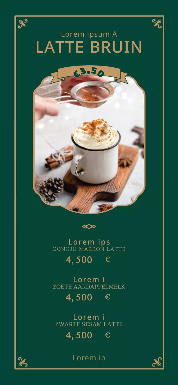 Luxe ingelijste concept café menukaart in donkergroen en goud voor prijzen en promotie