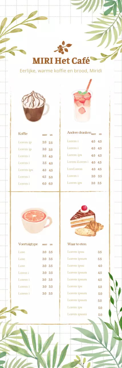 Verse bladeren cafe dessert menu illustratie banner