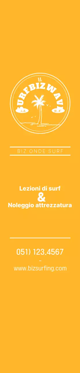 Un semplice logo blu e giallo con l'emblema del surf per promuovere il negozio.
