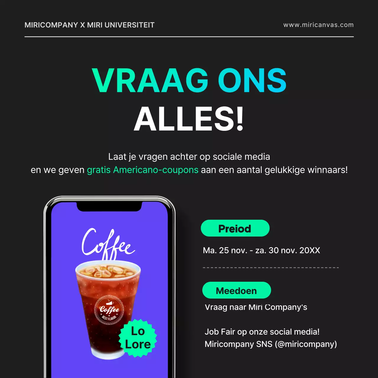 Een online vacature voor een IT-ontwikkelaar met een city-pop gevoel, met geometrische vormen in zwart en neonkleuren.