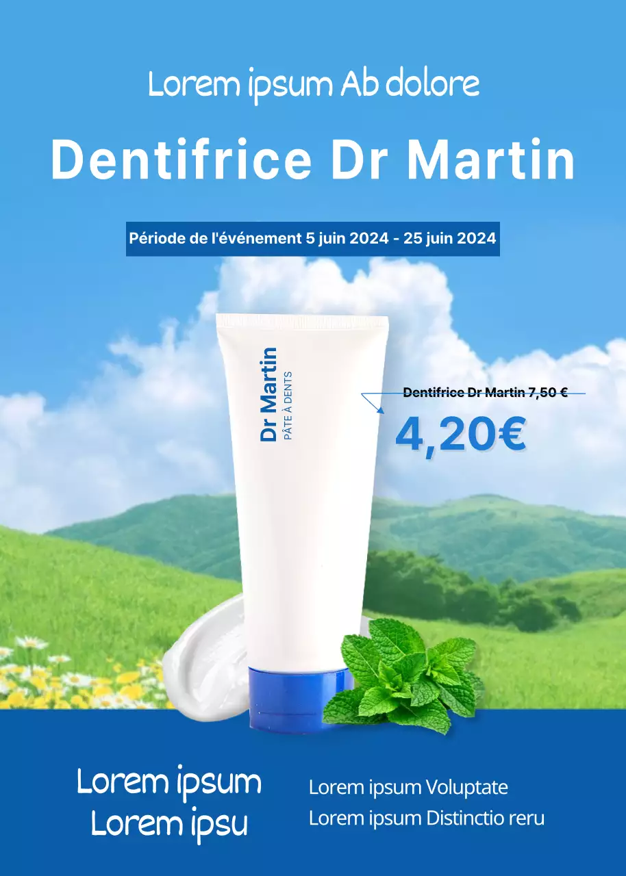 Promotion du dentifrice sur fond de nature bleue et rafraîchissante
