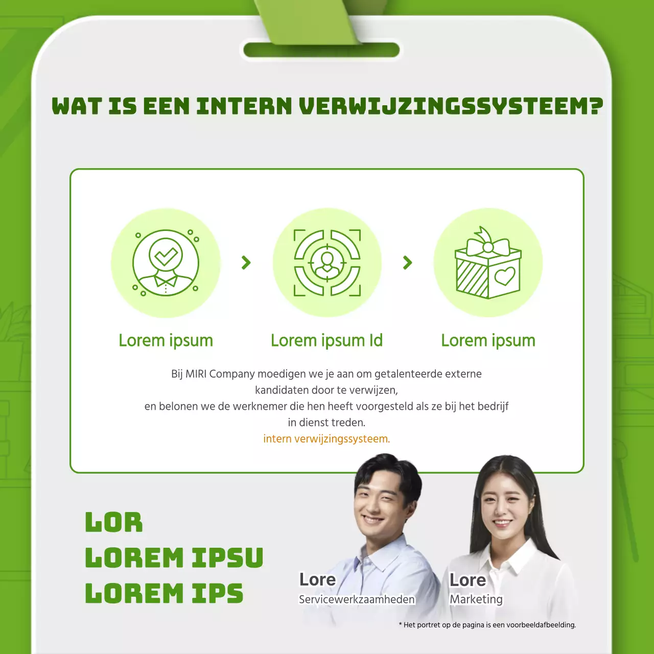 Groene eenvoudige lijn illustratie en 3D werknemerskaart combinatie thema voor het introduceren van interne verwijzingssysteem