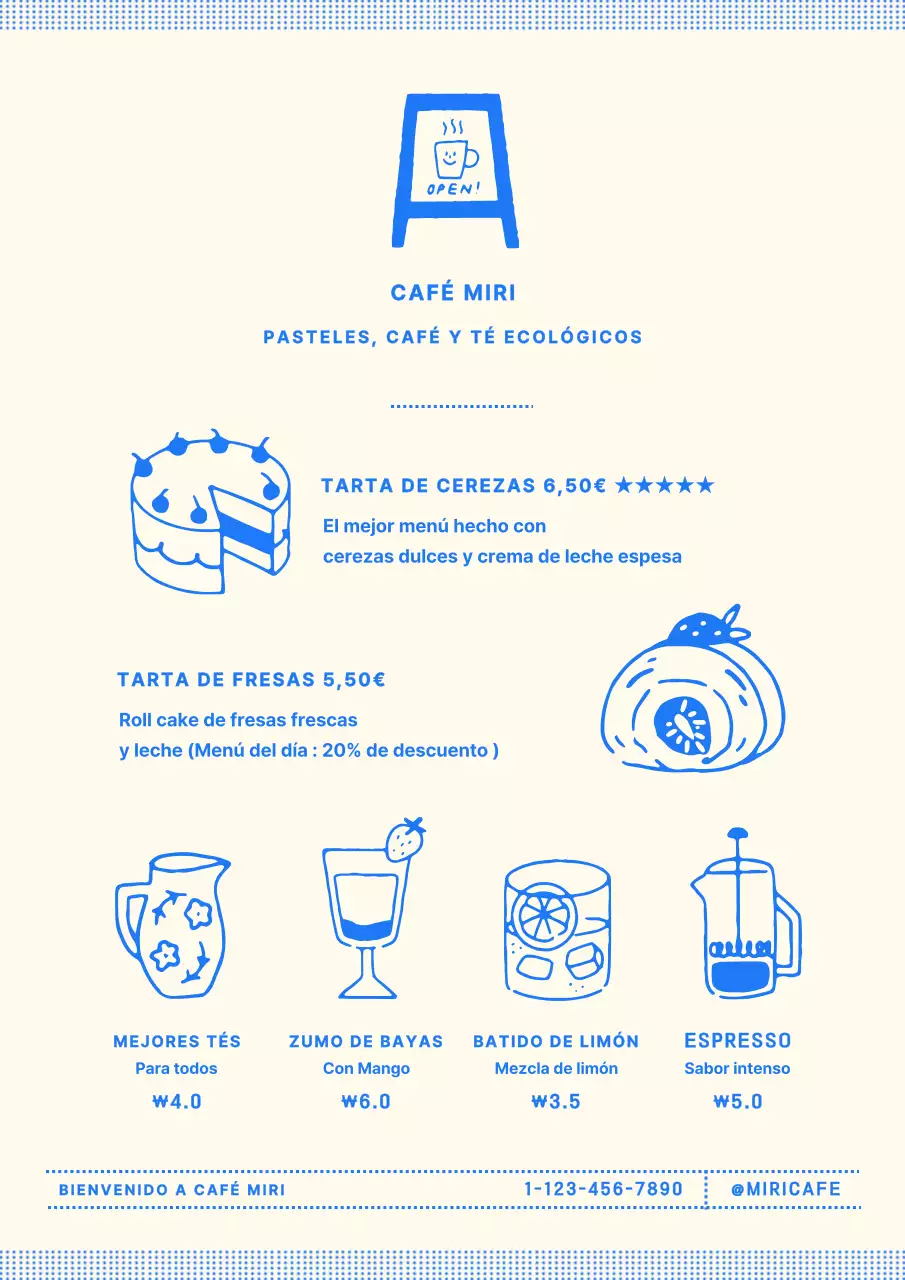 Menú de cafetería panadería en beige y azul