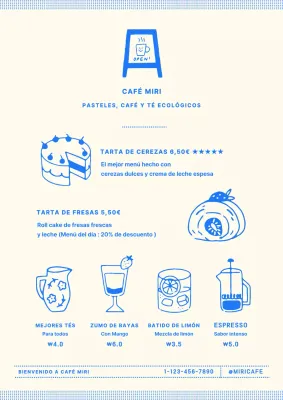 Menú de cafetería panadería en beige y azul