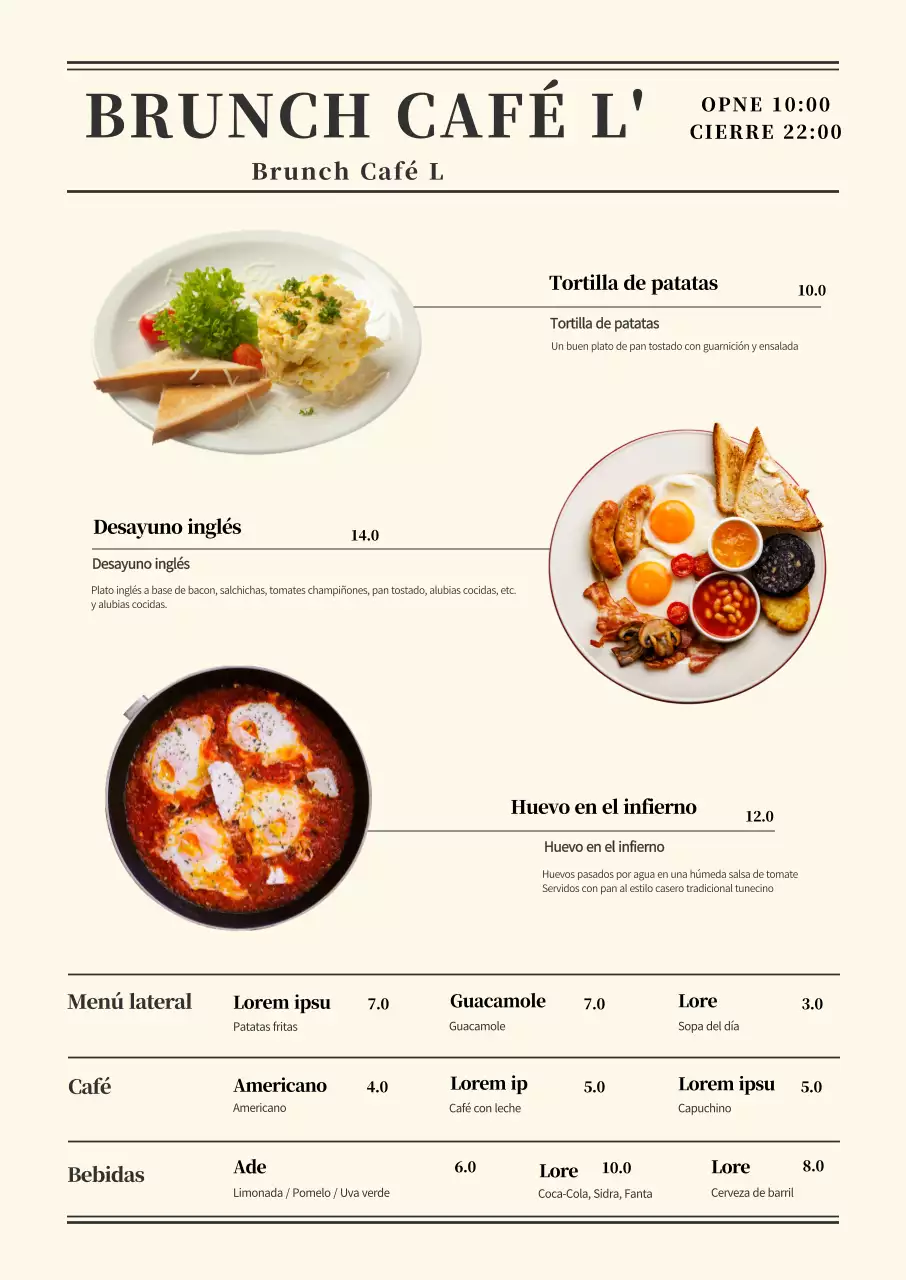 Cartel de menú de cafetería brunch simple beige