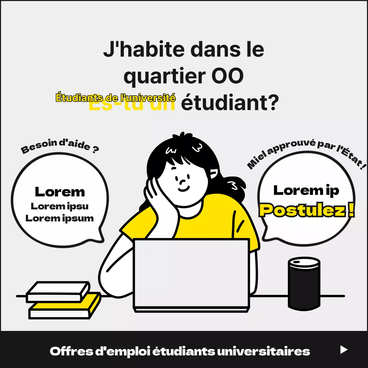 Des étudiants jaunes et monotones, soignés et mignons, à la recherche d'un emploi à temps partiel dans les bureaux du gouvernement en hiver.