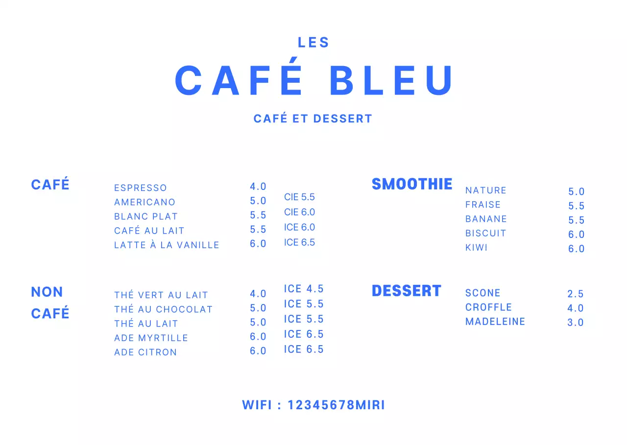 Tableau de menu simple pour café en bleu Support acrylique pour café