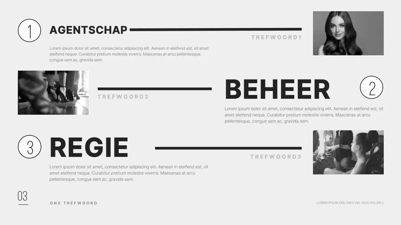 Een strak en modern bedrijfsprofiel van een modellenbureau in zwart.