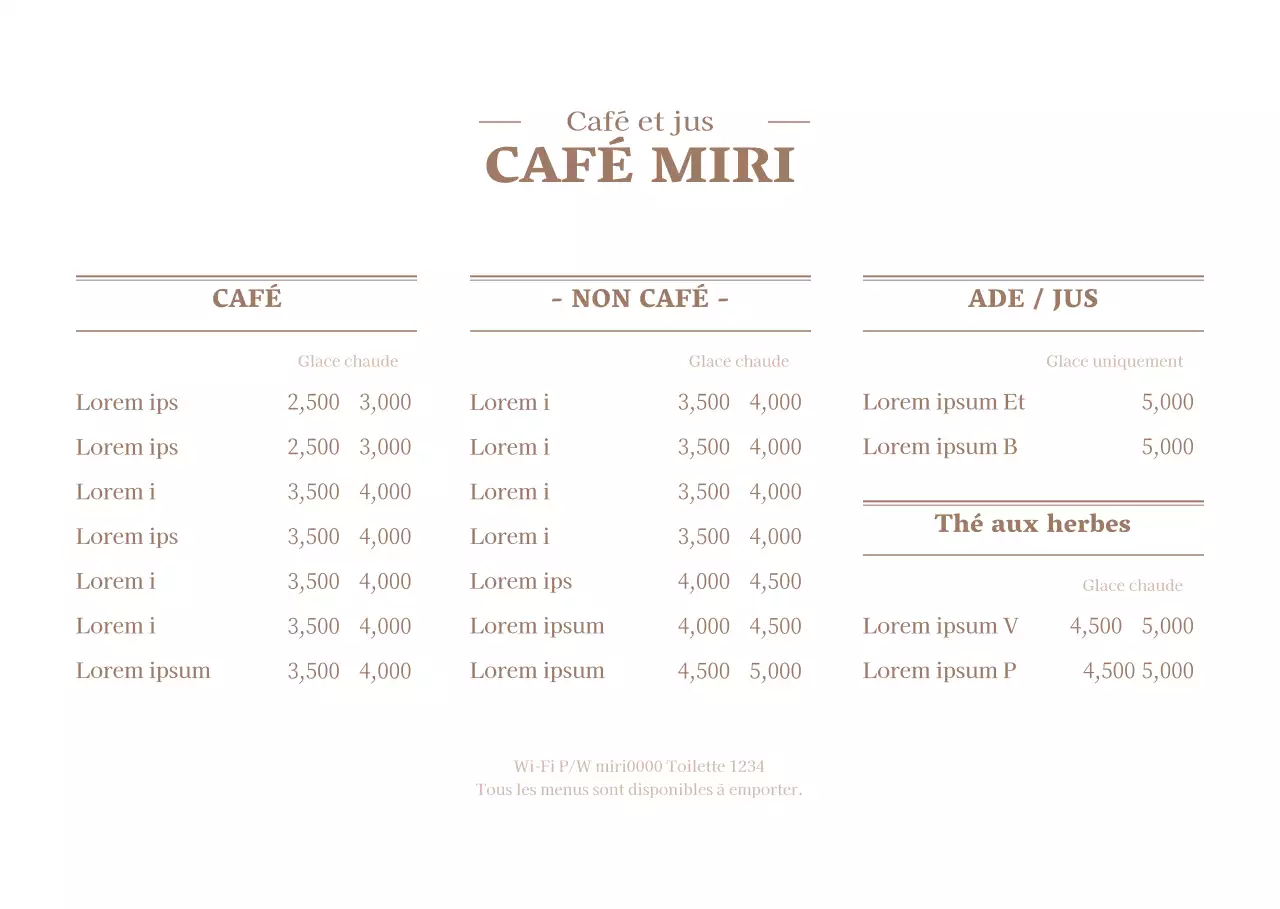 Menu de café blanc et marron avec liste de prix