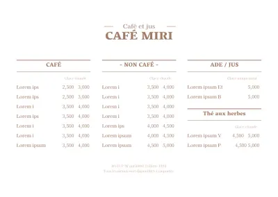 Menu de café blanc et marron avec liste de prix