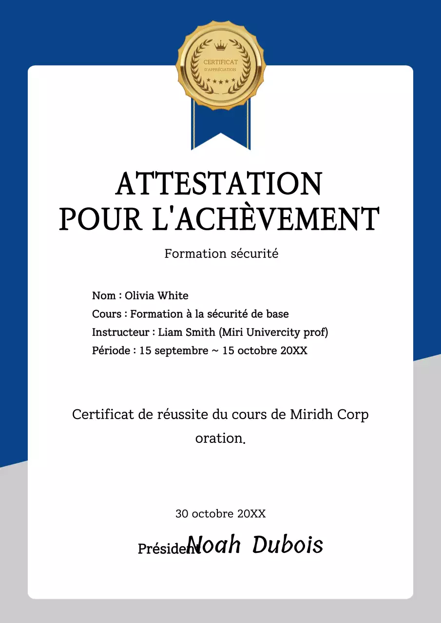 Certificat d'achèvement de la formation à la sécurité en matière de sodomie Modèle de document d'affaires listé