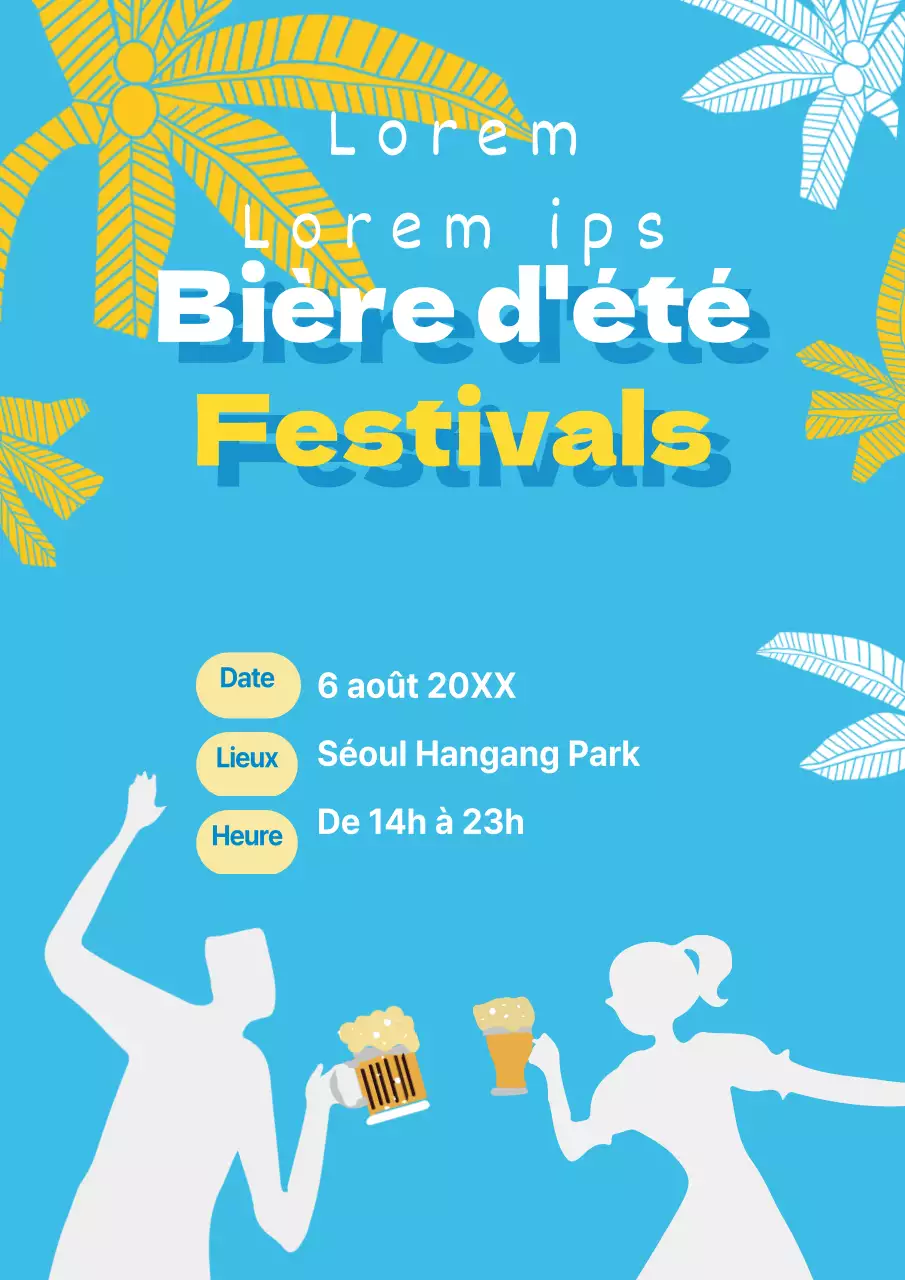 Promotion d'un festival estival de la bière avec des illustrations sur fond bleu clair