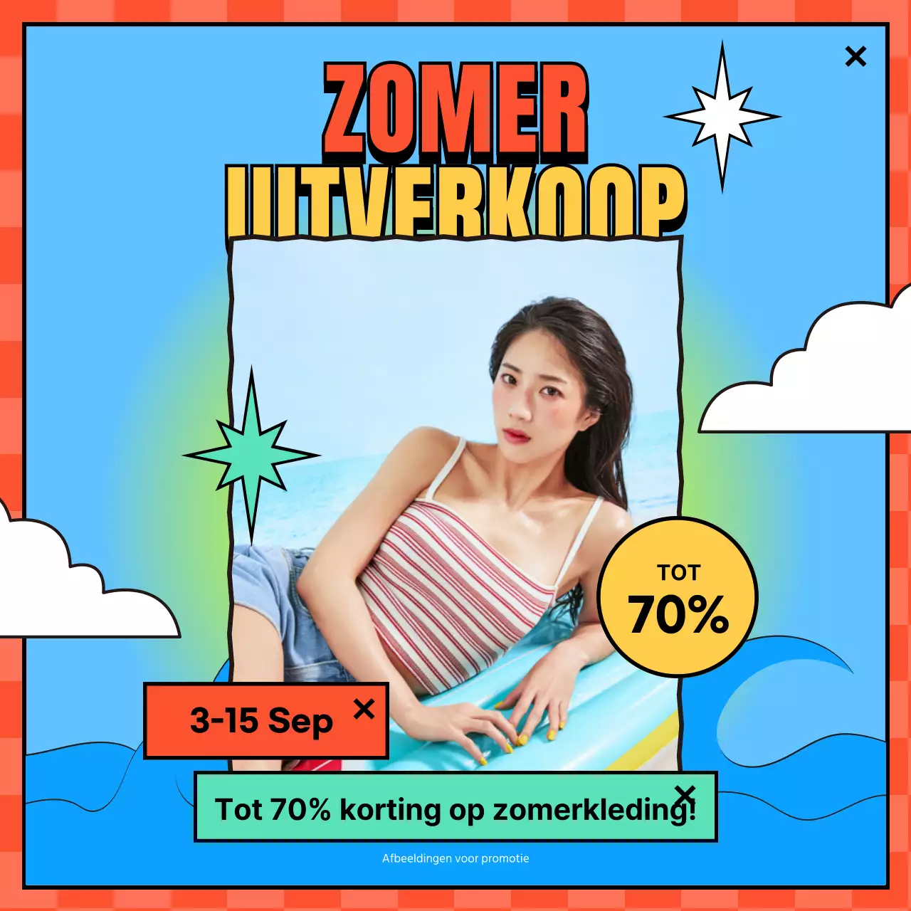 Last-minute uitverkoop van kleurrijke, cartooneske zomerkleding
