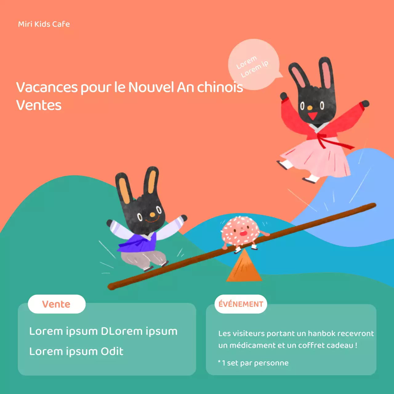 Corail turquoise illustration d'un lapin mignon pour un café d'enfants Informations commerciales sur les fêtes du Nouvel An lunaire