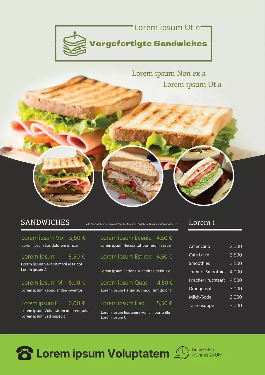 Grünes Foto unterstreicht sauberes Restaurant-Sandwich-Menü