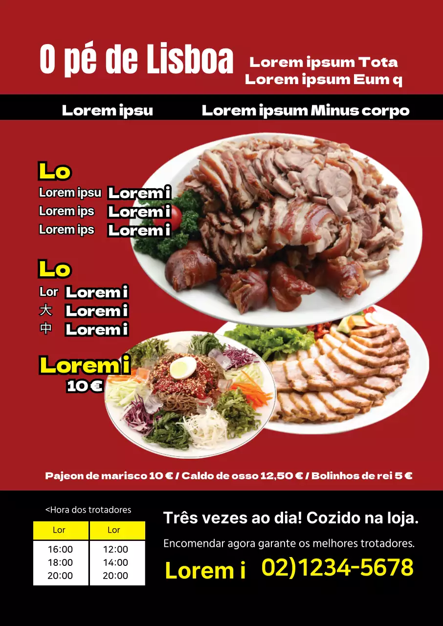 A fotografia vermelha destaca a ementa de trotéis de porco num restaurante tradicional