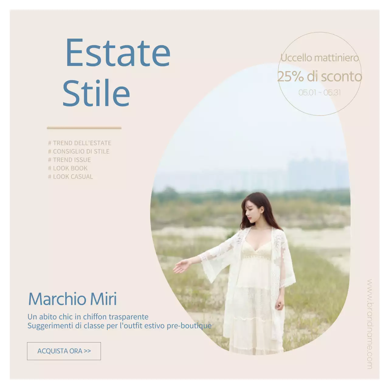 Promuovere proposte di outfit estivi beige e blu ed eventi (piazze dei social media)