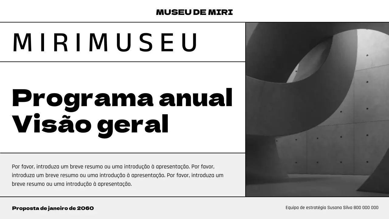 Planear um programa de museu moderno a preto e roxo