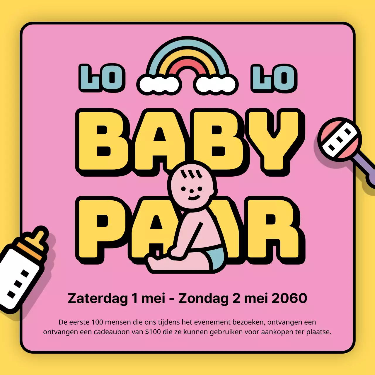 Promoot de babybeurs in een schattige stijl van roze en geel