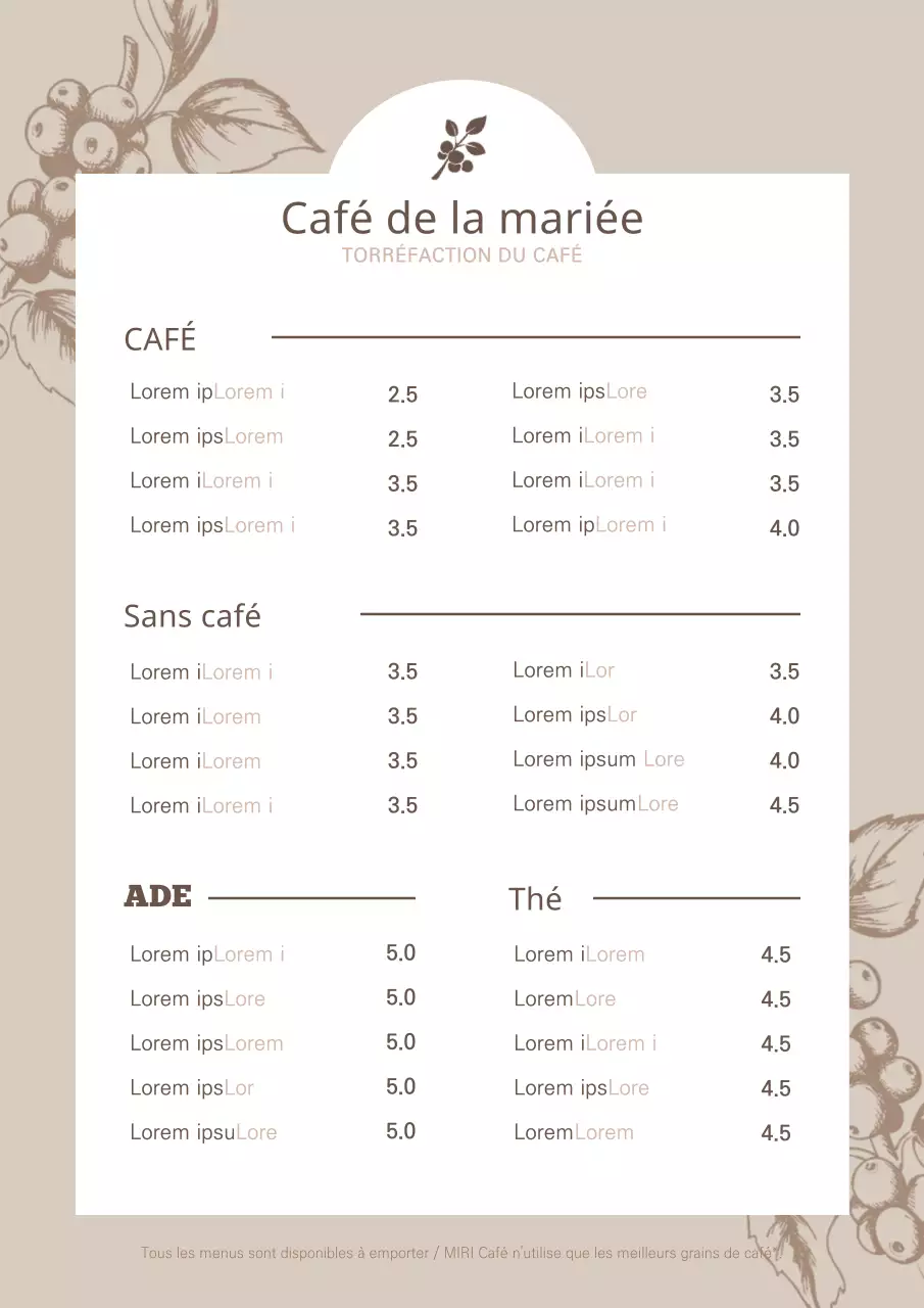 Illustration botanique d'une affiche de menu de café en marron
