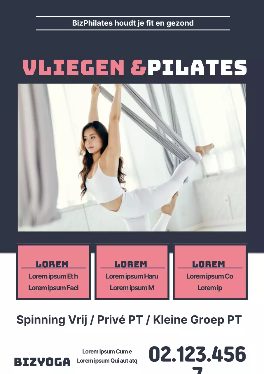 Schone promotie voor een Pilates-school met een foto van een vrouw die vliegende yoga doet in marineblauw en roze.
