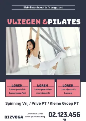 Schone promotie voor een Pilates-school met een foto van een vrouw die vliegende yoga doet in marineblauw en roze.