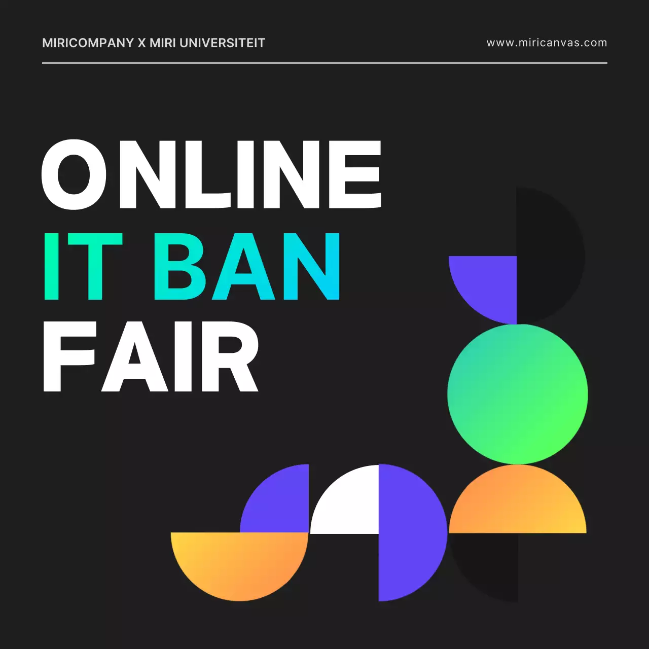 Een online vacature voor een IT-ontwikkelaar met een city-pop gevoel, met geometrische vormen in zwart en neonkleuren.