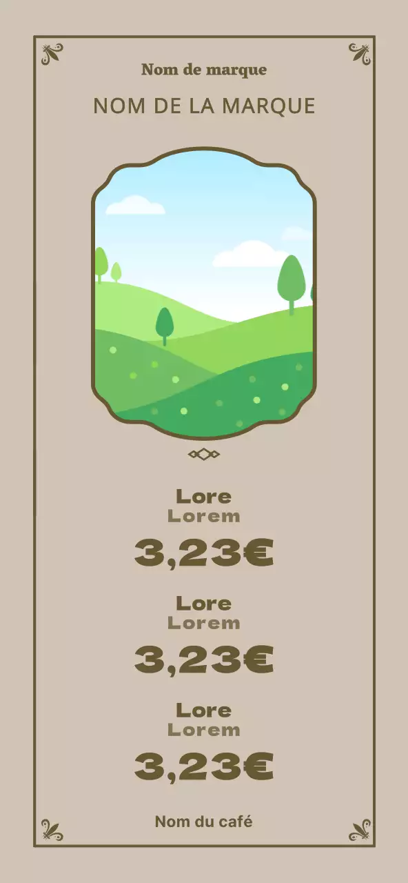 Un cadre luxueux en marron clair et marron pour promouvoir le menu d'un café au concept simple.