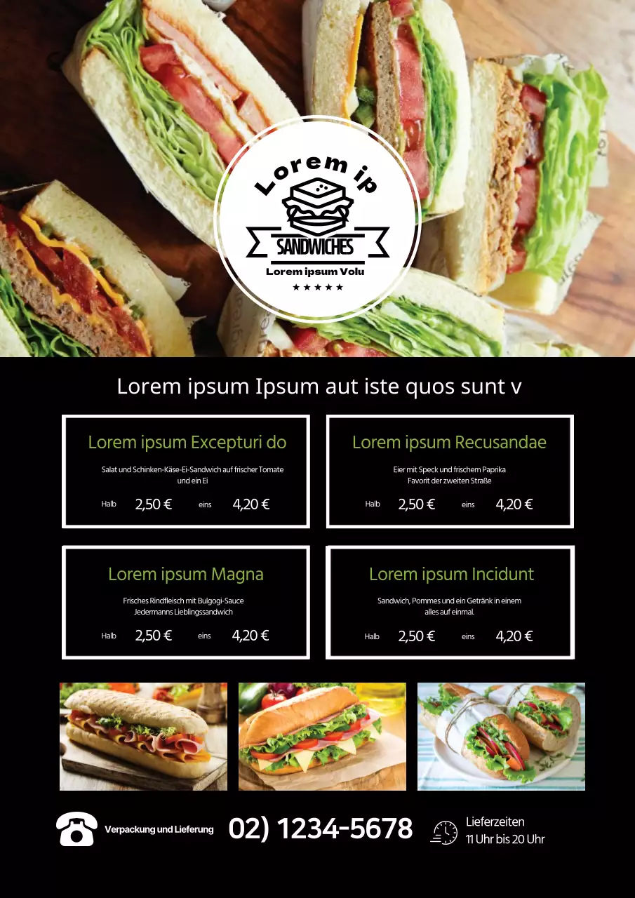 Saubere Restaurant-Sandwichkarte mit schwarzer Fotohervorhebung