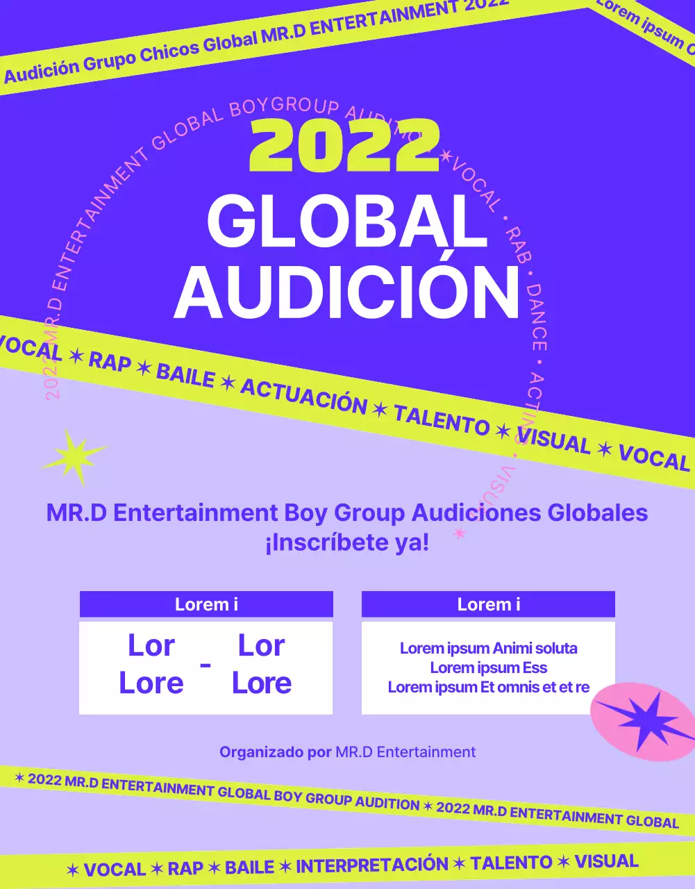 Anuncio de audición para un concepto informal en morado y verde lima.