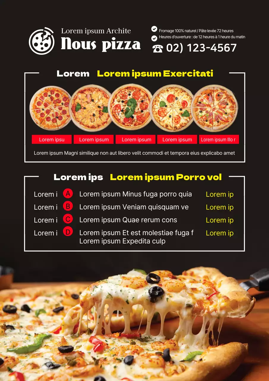 Menu d'un restaurant de pizzas surligné en rouge