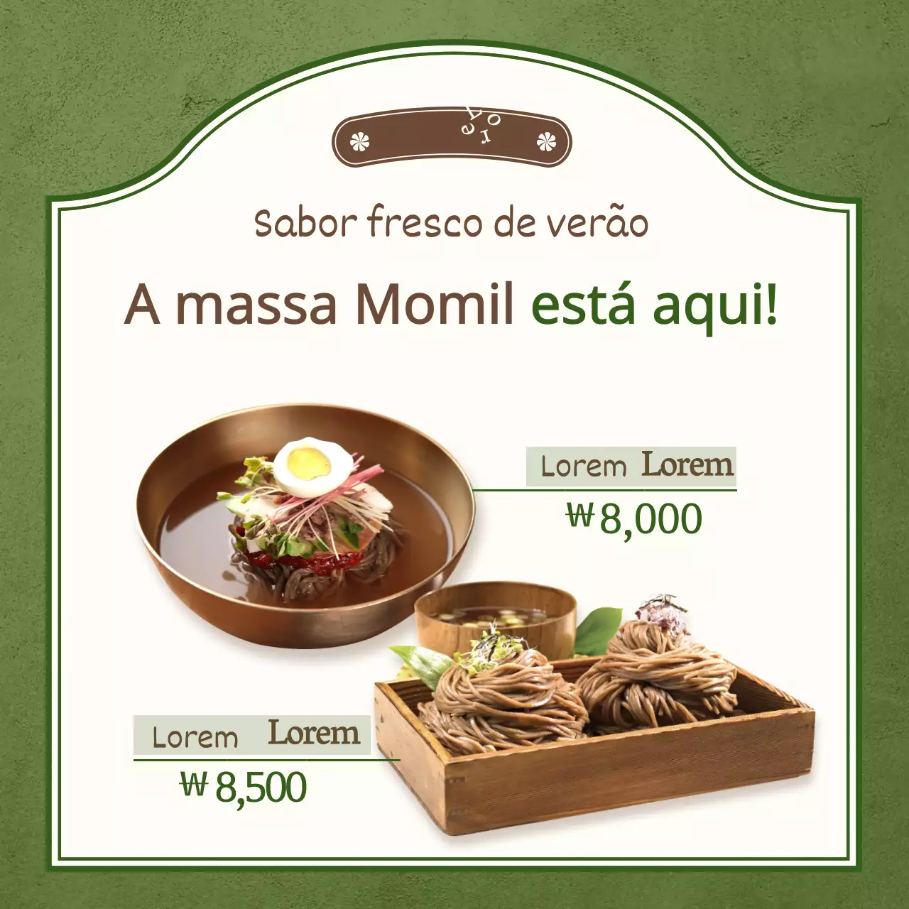 Lista de preços do macarrão de arroz com foto destacada a verde