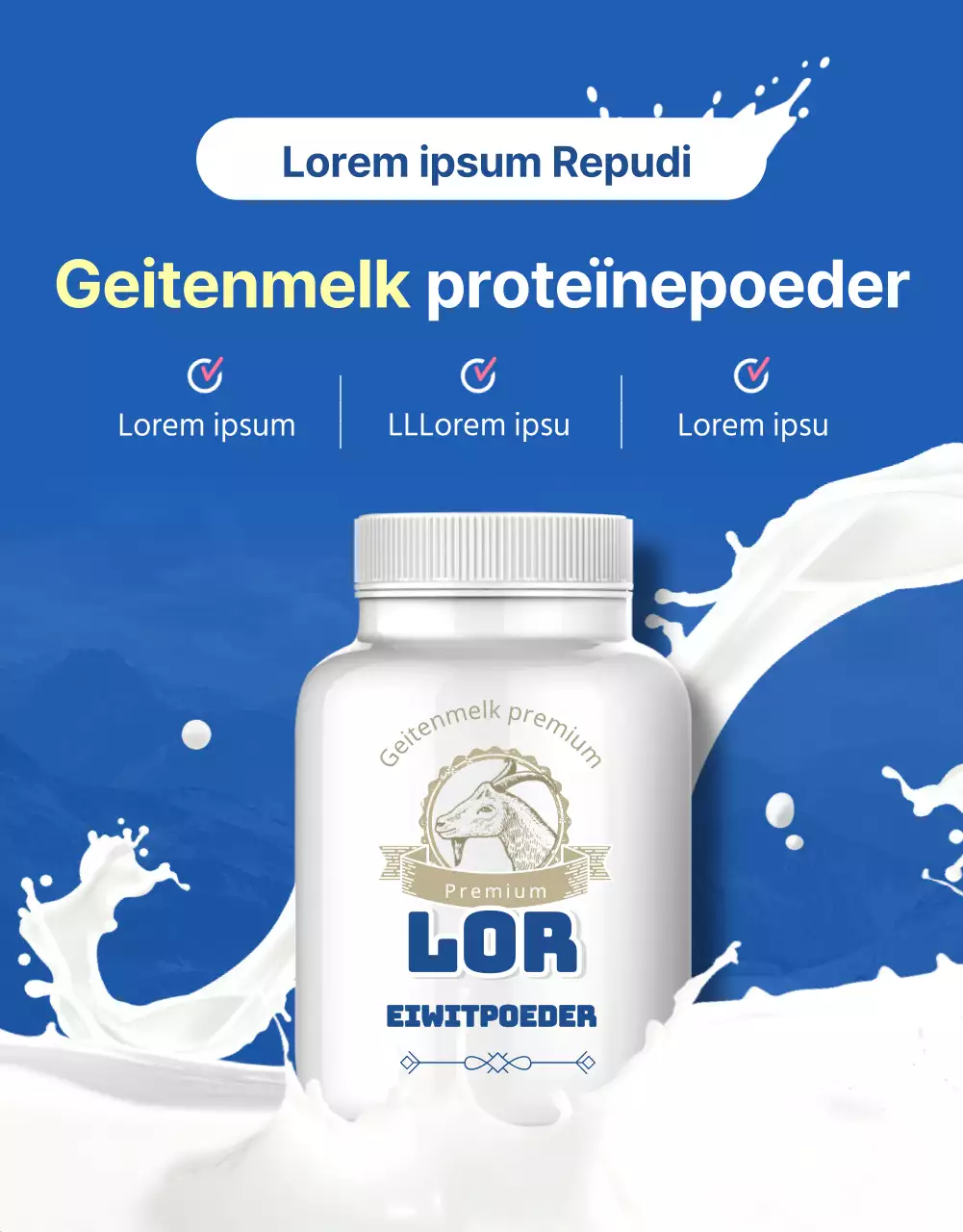 Blauwe, natuurlijke geitenmelk proteïnepoeder gezonde voeding reclame