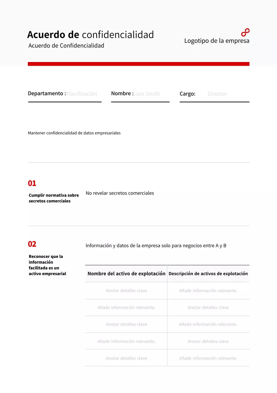 Acuerdo de confidencialidad empresarial con una simple tabla roja
