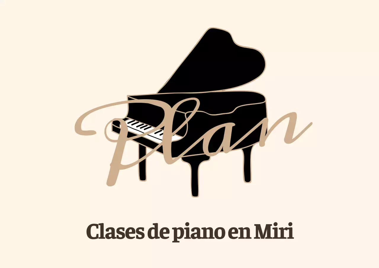 Logotipo promocional de escuela de piano rotulado en un emotivo estilo cursivo en amarillo claro y marrón.
