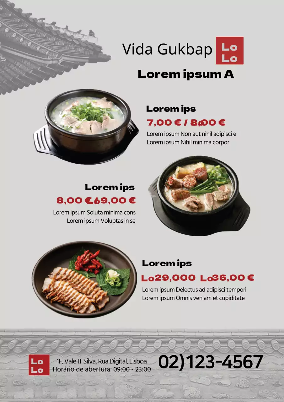 Menu coreano do restaurante tradicional destacado na fotografia a cinzento