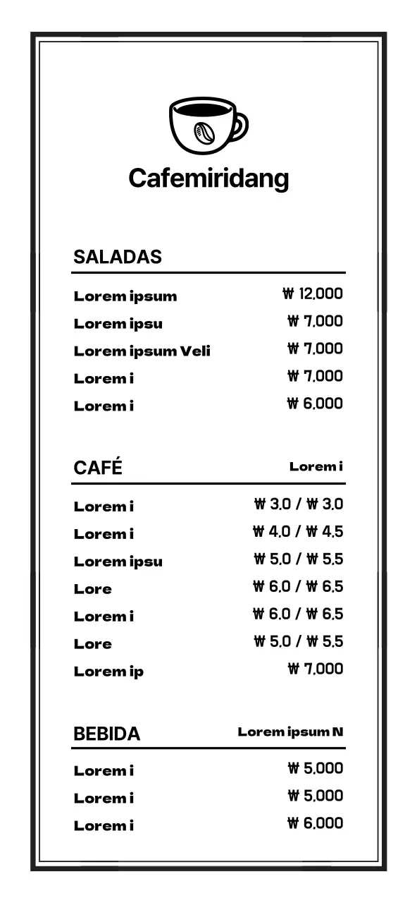 Sinalética de menu de café de estilo simples e limpo a preto e branco