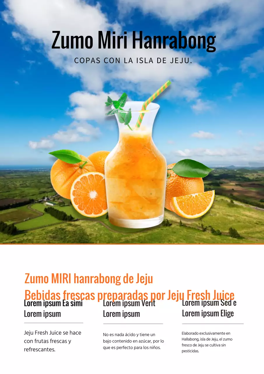 Anuncio de evento de zumo de hallabong natural azul y naranja