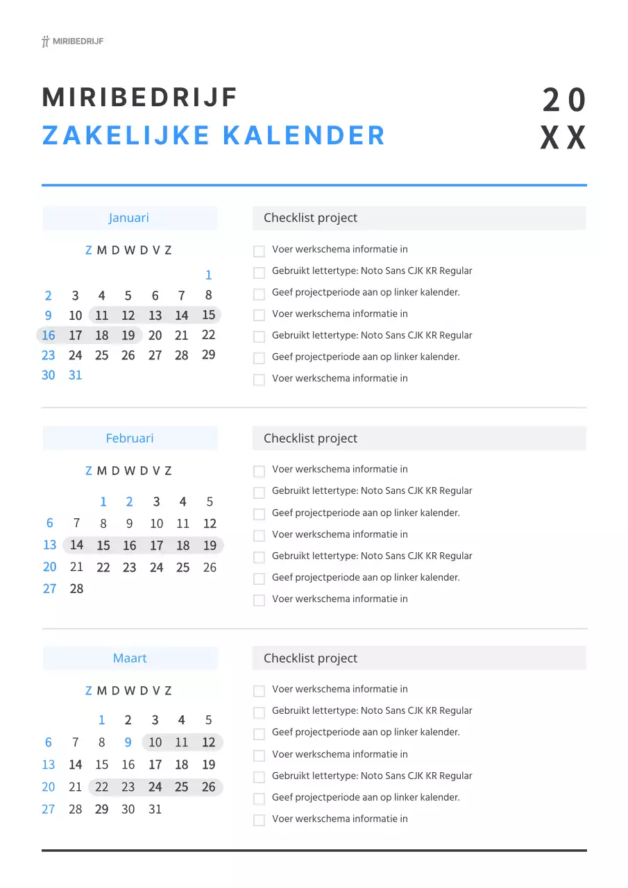 Eenvoudige werkkalender in wit en blauw