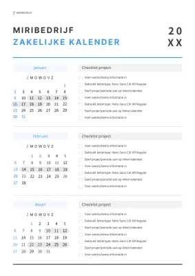 Eenvoudige werkkalender in wit en blauw