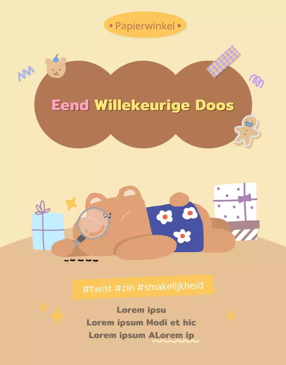 Willekeurige doos met leuk Daku briefpapier in beige en bruin