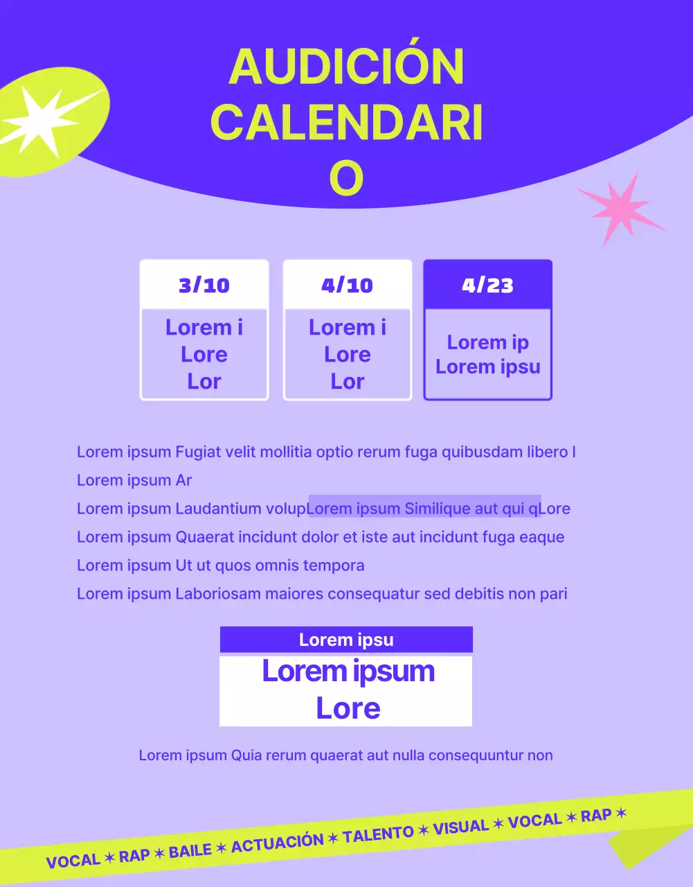 Anuncio de audición para un concepto informal en morado y verde lima.