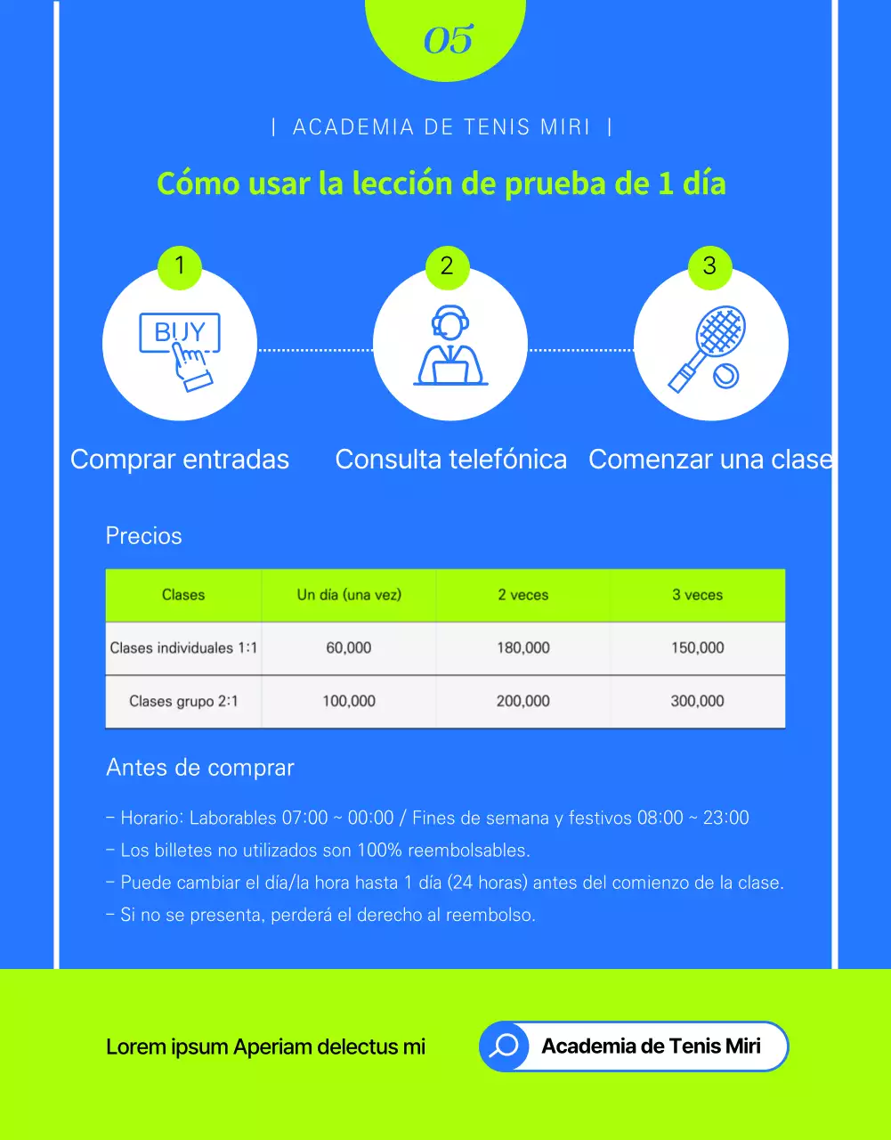 Clases de tenis de un día en colores azul y neón Billete para un día de experiencia Clases 1:1 Salud y forma física Academia MyTennis